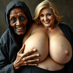 An elderly African woman, showing signs of malnutrition with decayed teeth, appearing 150 years old, dressed in a long, fully closed black dress with a hood