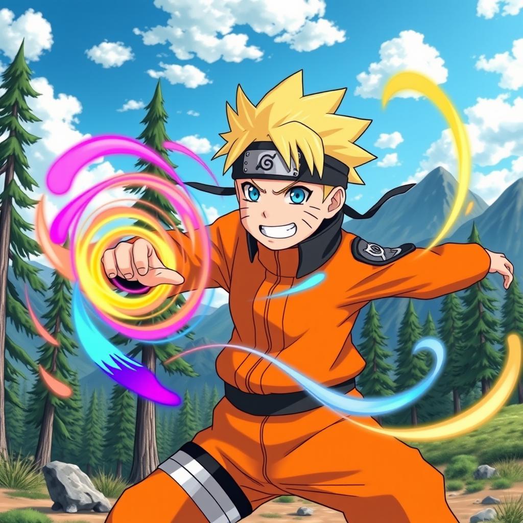 A vibrant scene depicting Naruto Uzumaki, a young ninja with spiky blonde hair and blue eyes, dressed in his iconic orange jumpsuit with a black forehead protector, showcasing his signature playful smile