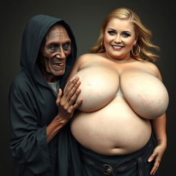 An elderly African woman, showing signs of malnutrition with decayed teeth, appearing 150 years old, dressed in a long, fully closed black dress with a hood