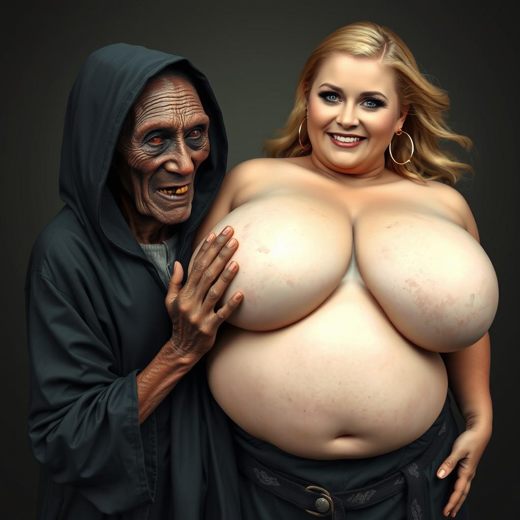 An elderly African woman, showing signs of malnutrition with decayed teeth, appearing 150 years old, dressed in a long, fully closed black dress with a hood