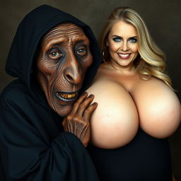 An elderly African woman, showing signs of malnutrition with decayed teeth, appearing 150 years old, dressed in a long, fully closed black dress with a hood