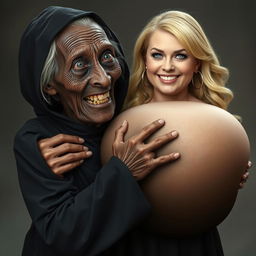 An elderly African woman, appearing malnourished with decayed teeth, looking 150 years old, dressed in a long, fully closed black dress with a hood