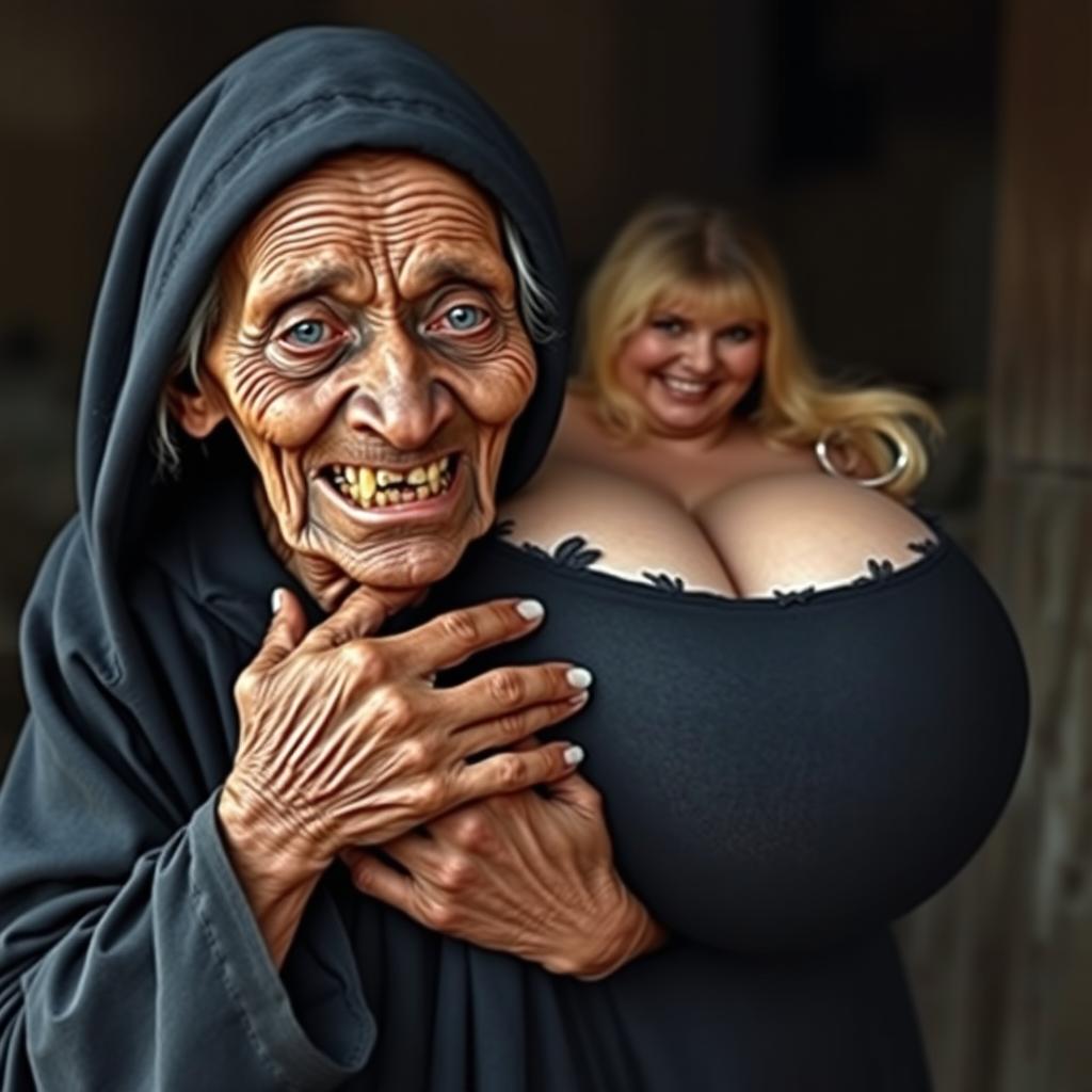 An elderly African woman, appearing malnourished with decayed teeth, looking 150 years old, dressed in a long, fully closed black dress with a hood