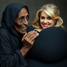 An elderly African woman, appearing malnourished with decayed teeth, looking 150 years old, dressed in a long, fully closed black dress with a hood