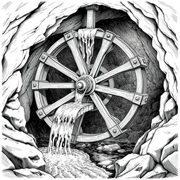 A detailed black and white drawing of a large wooden water wheel functioning in a cave above an underground small river