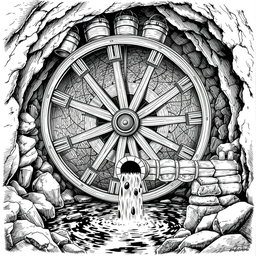 A detailed black and white drawing of a large wooden water wheel functioning in a cave above an underground small river