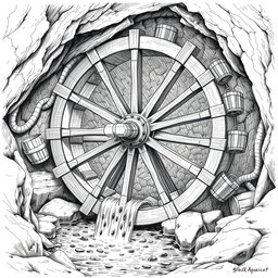 A detailed black and white drawing of a large wooden water wheel functioning in a cave above an underground small river