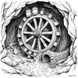A detailed black and white drawing of a large wooden water wheel functioning in a cave above an underground small river