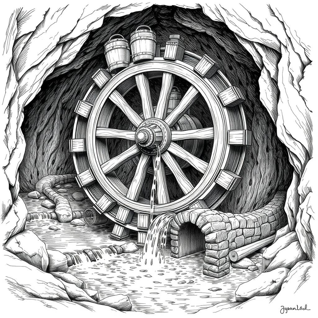 A detailed black and white drawing of a large wooden water wheel functioning in a cave above an underground small river