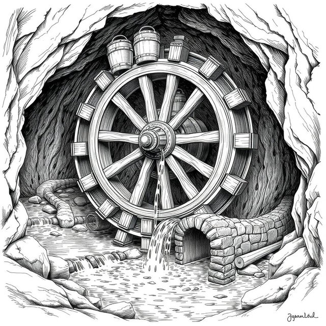 A detailed black and white drawing of a large wooden water wheel functioning in a cave above an underground small river