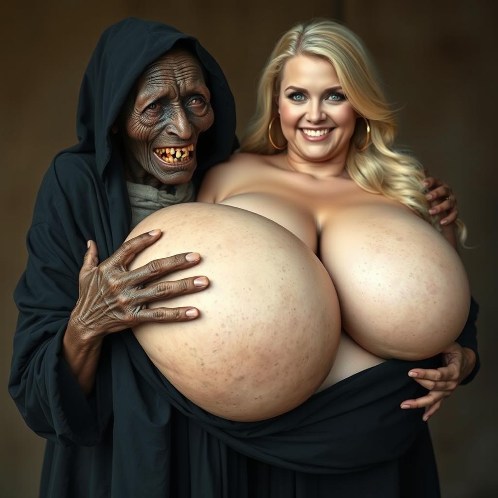 An elderly African woman, malnourished and showing decayed teeth, appearing to be 150 years old, dressed in a long, fully covered black dress with a hood