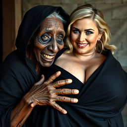 An elderly African woman, malnourished and showing decayed teeth, appearing to be 150 years old, dressed in a long, fully covered black dress with a hood