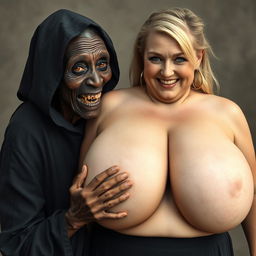 An elderly African woman, malnourished and showing decayed teeth, appearing to be 150 years old, dressed in a long, fully covered black dress with a hood