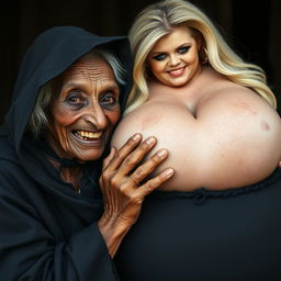 An elderly African woman, who appears malnourished with decayed teeth, looking 150 years old, dressed in a long, fully covered black dress with a hood