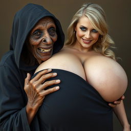 An elderly African woman, who appears malnourished with decayed teeth, looking 150 years old, dressed in a long, fully covered black dress with a hood