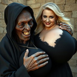 An elderly African woman, who appears malnourished with decayed teeth, looking 150 years old, dressed in a long, fully covered black dress with a hood