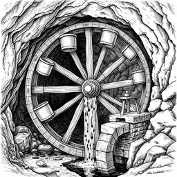 A detailed black and white drawing of a large wooden water wheel functioning in a cave, operating above an underground small river