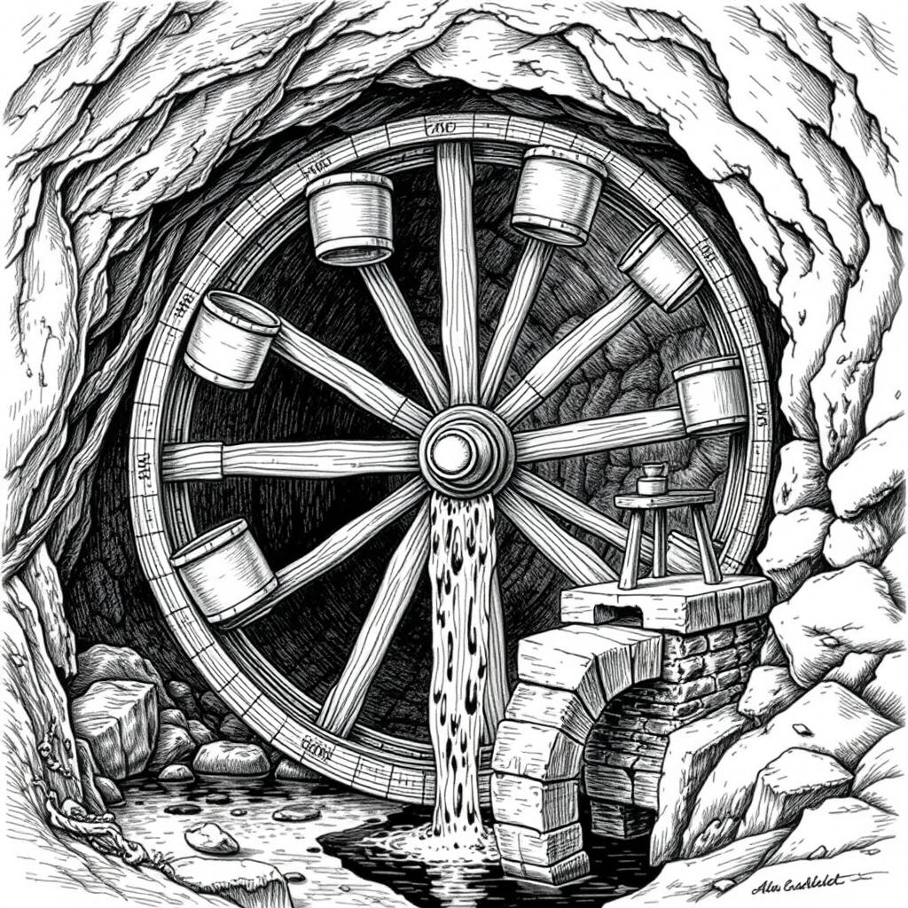 A detailed black and white drawing of a large wooden water wheel functioning in a cave, operating above an underground small river