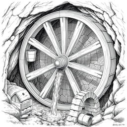 A detailed black and white drawing of a large wooden water wheel functioning in a cave, operating above an underground small river