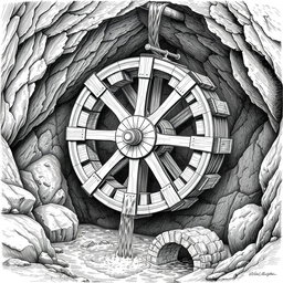 A detailed black and white drawing of a large wooden water wheel functioning in a cave, operating above an underground small river
