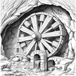 A detailed black and white drawing of a large wooden water wheel functioning in a cave, operating above an underground small river