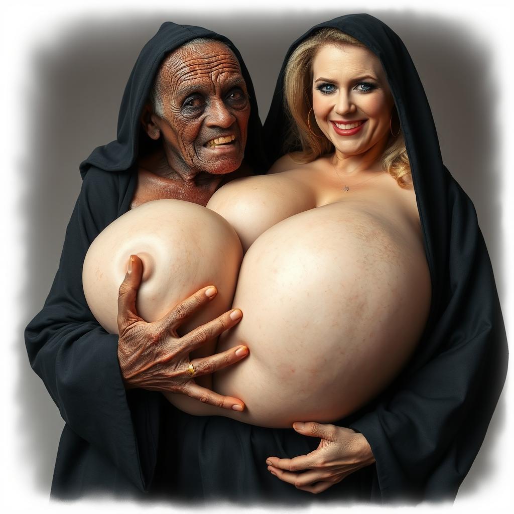 An elderly African woman, appearing malnourished with decayed teeth, looking 150 years old, dressed in a long, fully covered black dress with a hood