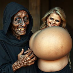 An elderly African woman, appearing malnourished with decayed teeth, looking 150 years old, dressed in a long, fully covered black dress with a hood