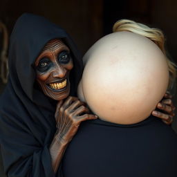 An elderly African woman, appearing malnourished with decayed teeth, looking 150 years old, dressed in a long, fully covered black dress with a hood