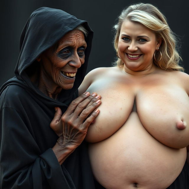 An elderly African woman, appearing malnourished with decayed teeth, looking 150 years old, dressed in a long, fully covered black dress with a hood