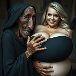 An elderly African woman, malnourished and showing decayed teeth, appearing to be 150 years old, dressed in a long, fully covered black dress with a hood