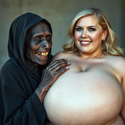 An elderly African woman, malnourished and showing decayed teeth, appearing to be 150 years old, dressed in a long, fully covered black dress with a hood