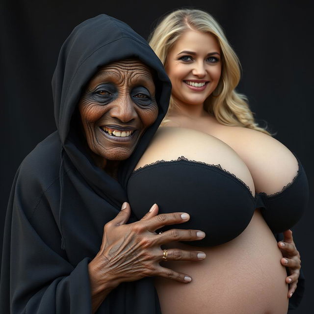 An elderly African woman, appearing malnourished with decayed teeth, looking around 150 years old, dressed in a long, fully closed black gown with a hood
