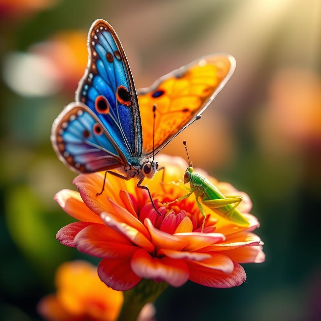 A beautifully detailed portrait of a vibrant butterfly and a striking grasshopper resting delicately on a colorful flower