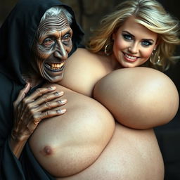 An elderly African woman, malnourished with decayed teeth, appearing around 150 years old, dressed in a long, fully covered black dress with a hood