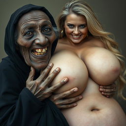 An elderly African woman, malnourished with decayed teeth, appearing around 150 years old, dressed in a long, fully covered black dress with a hood