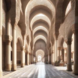 An architectural design of a traditional souq with a central axis, featuring ornate archways, intricate mosaics, and bustling stalls.