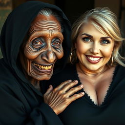 An elderly African woman, malnourished with decayed teeth, appearing around 150 years old, wearing a long, fully covered black dress with a hood