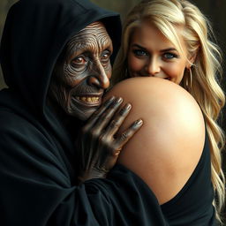 An elderly African woman, malnourished with decayed teeth, appearing around 150 years old, wearing a long, fully covered black dress with a hood