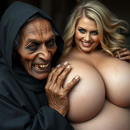 An elderly African woman, malnourished with decayed teeth, appearing to be around 150 years old, dressed in a long, fully covered black cloak with a hood