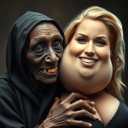 An elderly African woman, malnourished with decayed teeth, appearing to be around 150 years old, dressed in a long, fully covered black cloak with a hood