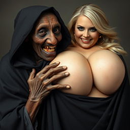 An elderly African woman, malnourished with decayed teeth, appearing to be around 150 years old, dressed in a long, fully covered black cloak with a hood