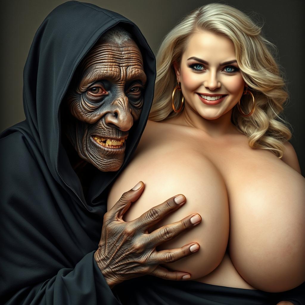 An elderly African woman, malnourished with decayed teeth, appearing to be around 150 years old, dressed in a long, fully covered black cloak with a hood