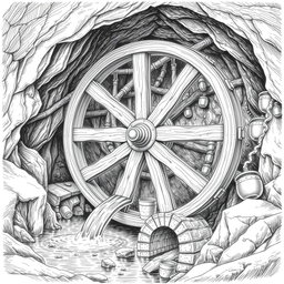 A detailed black and white drawing of a large wooden water wheel in operation over a small underground river