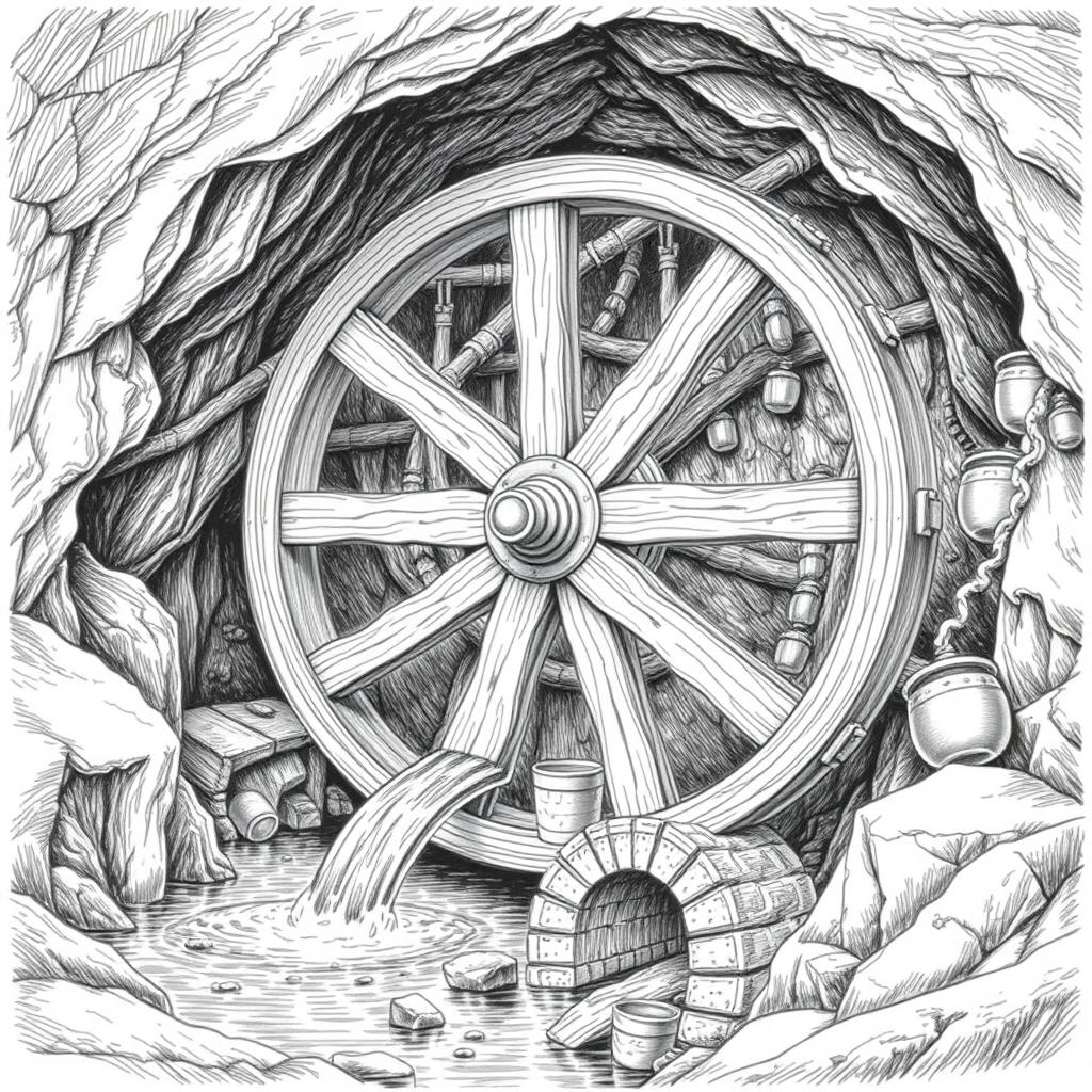 A detailed black and white drawing of a large wooden water wheel in operation over a small underground river