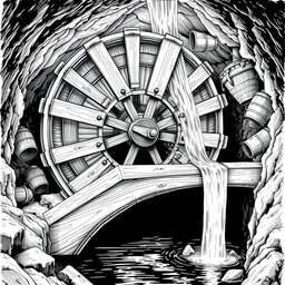 A detailed black and white drawing of a large wooden water wheel in operation over a small underground river