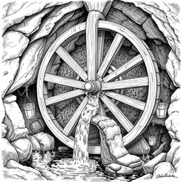A detailed black and white drawing of a large wooden water wheel in operation over a small underground river
