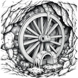 A detailed black and white drawing of a large wooden water wheel in operation over a small underground river