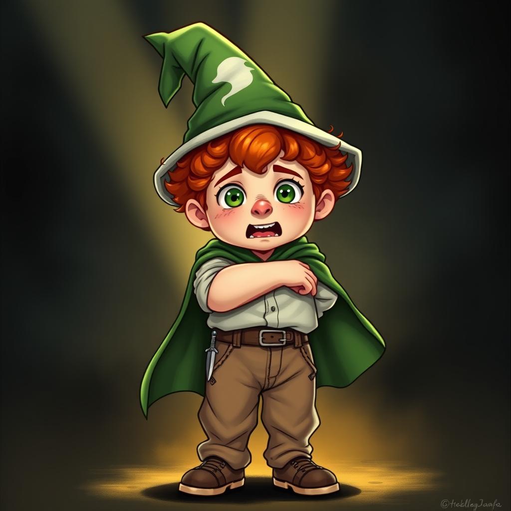 A chubby 13-year-old boy with curly red hair, freckles, green eyes, and a big nose, showing a mix of fear and excitement on his face