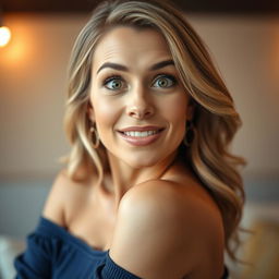 A stunning 40-year-old woman, directly facing the camera, showcasing an expression of delightful surprise with her eyes wide open and sparkling
