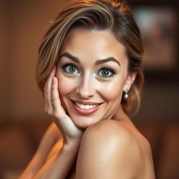 A stunning 40-year-old woman, directly facing the camera, showcasing an expression of delightful surprise with her eyes wide open and sparkling